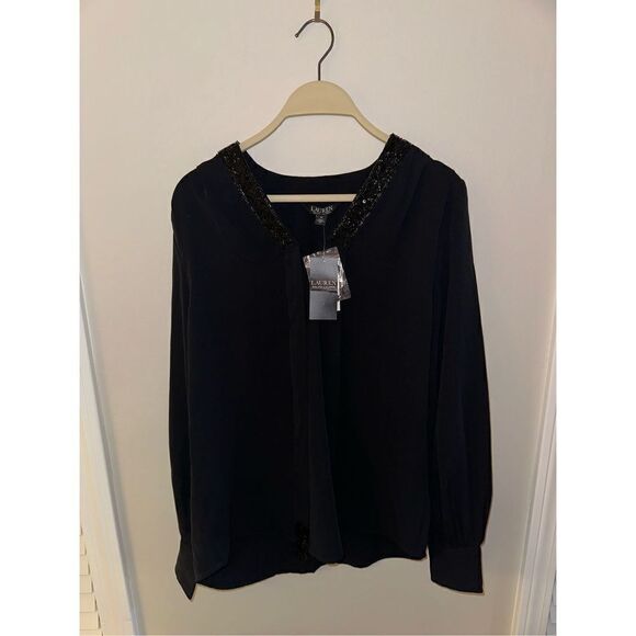 NWT Lauren Ralph Lauren Black Label Blouse Medium Beaded - Picture 1 of 5
